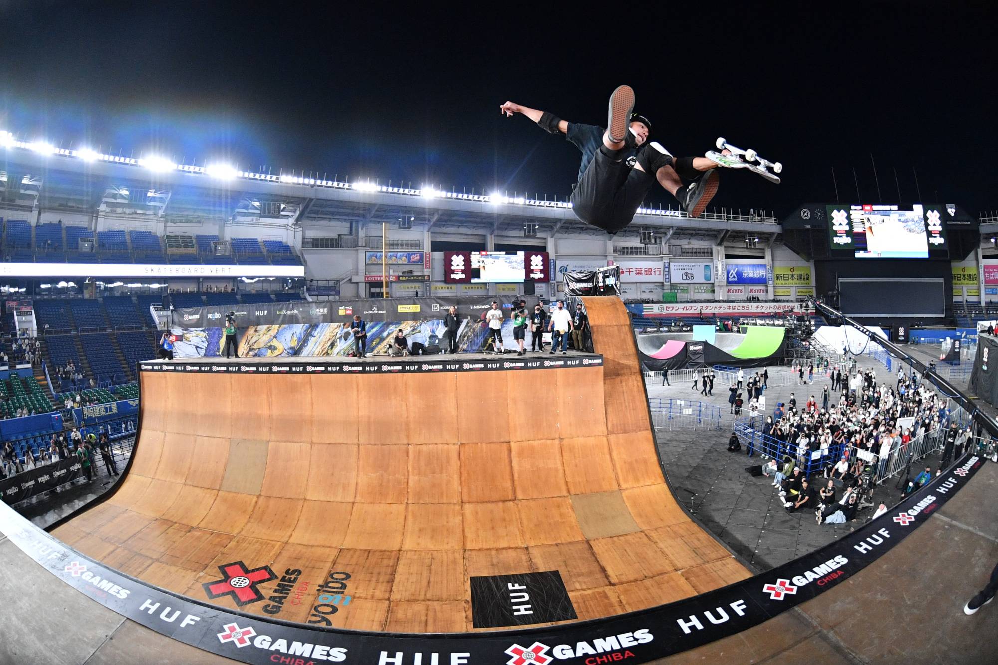 Moto Shibata competes in the X Games Chiba men's skateboarding vert final at Zozo Marine Stadium on Friday.